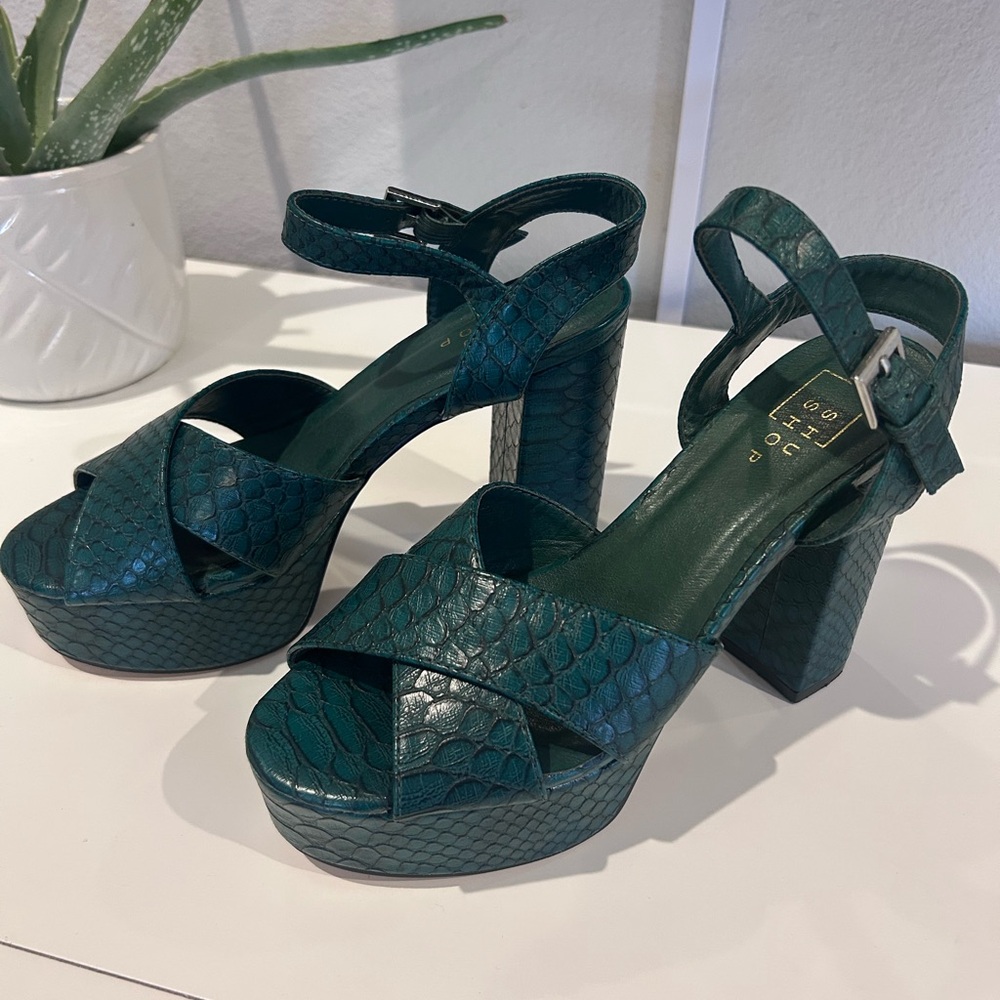 Green Textured Shu Shop Block platform Heels